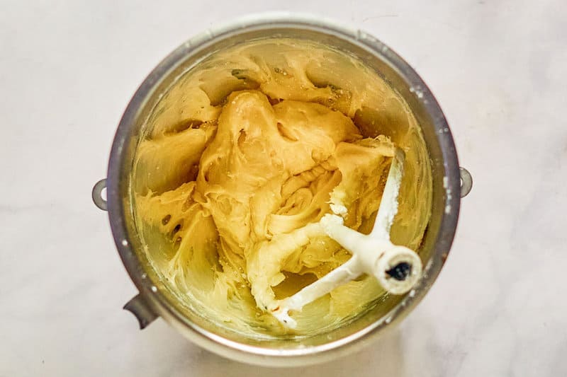 Cream cheese frosting in a mixing bowl.