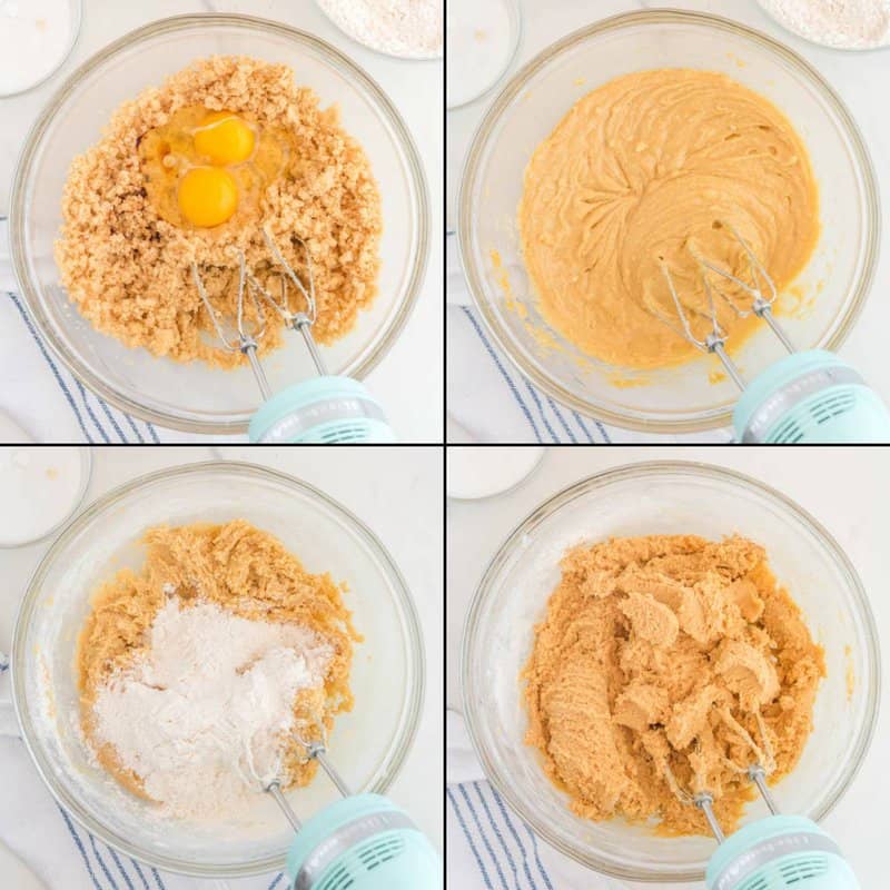 Collage of steps for making Crumbl ultimate peanut butter cookie dough.