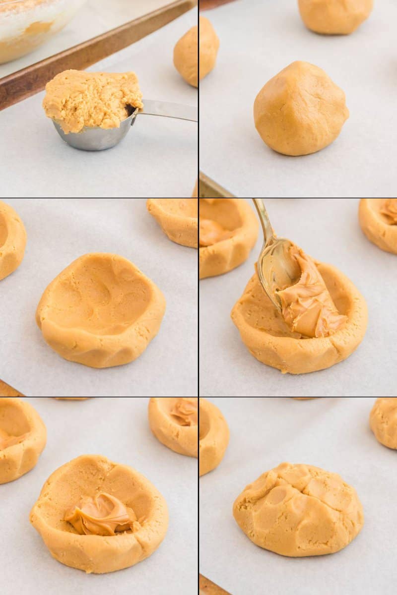 Collage of shaping and stuffing copycat Crumbl ultimate peanut butter cookies dough.
