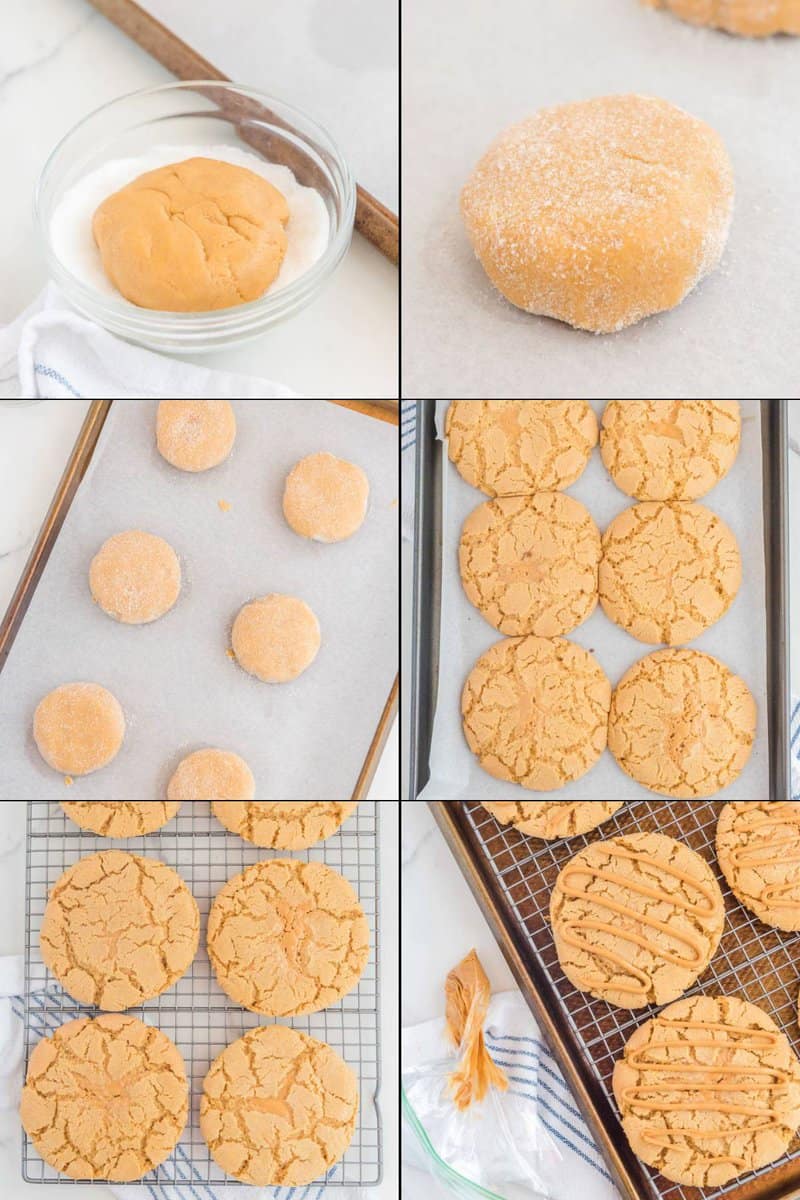 Collage of baking Crumbl and topping ultimate peanut butter cookies.