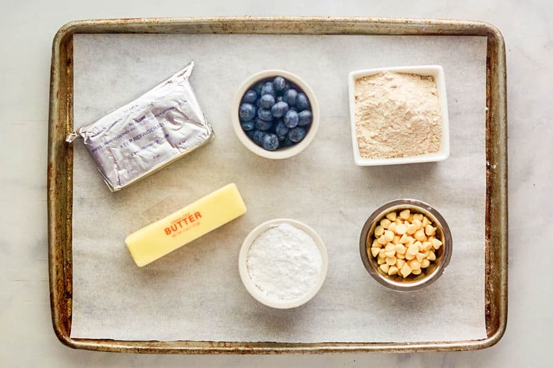 Copycat Denny's Blaubeer-Pfannkuchen-Welpen und Käsekuchen-Dip-Zutaten.