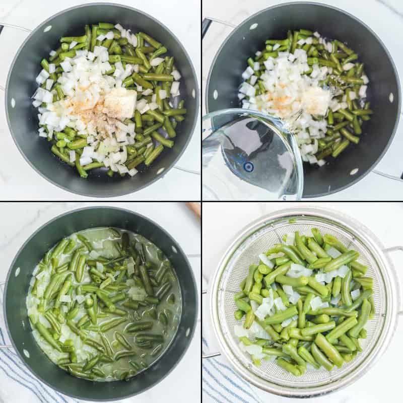 Collage of making copycat KFC greenish  beans.