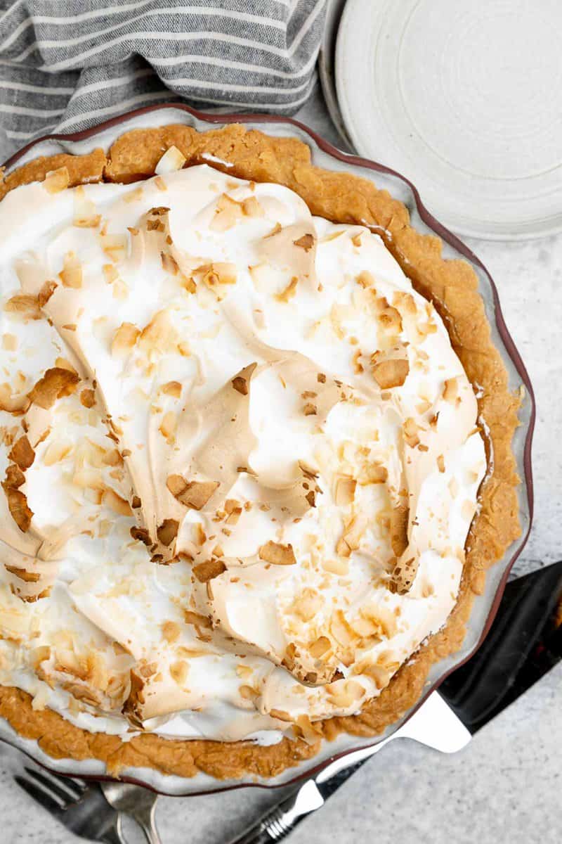 Overhead view of copycat Luby's coconut meringue pie.