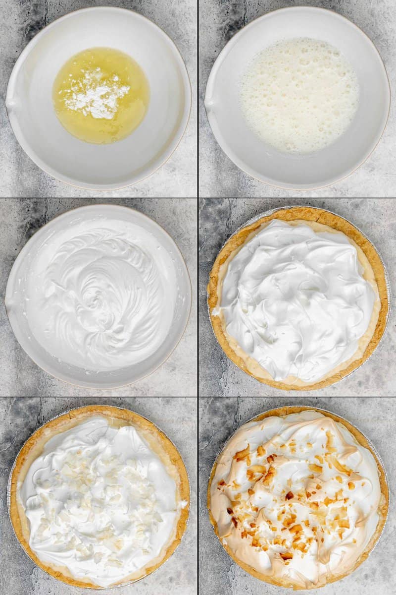 Collage of making meringue and putting it on a coconut pie.