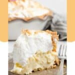A slice of homemade Luby's coconut meringue pie on a plate.