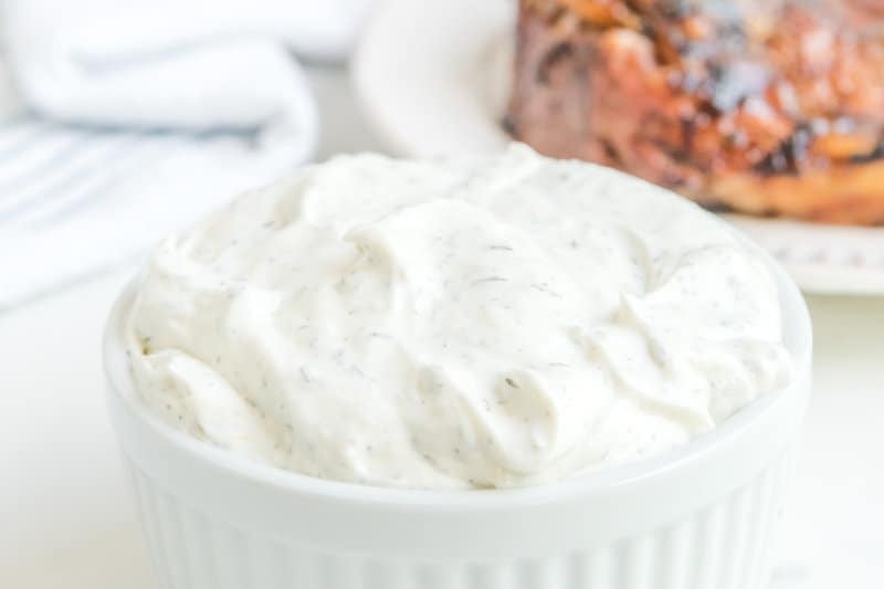 A vessel  of copycat Outback Steakhouse tiger dill sauce.