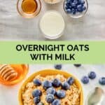 Overnight oats ingredients and the finished oats in a bowl.