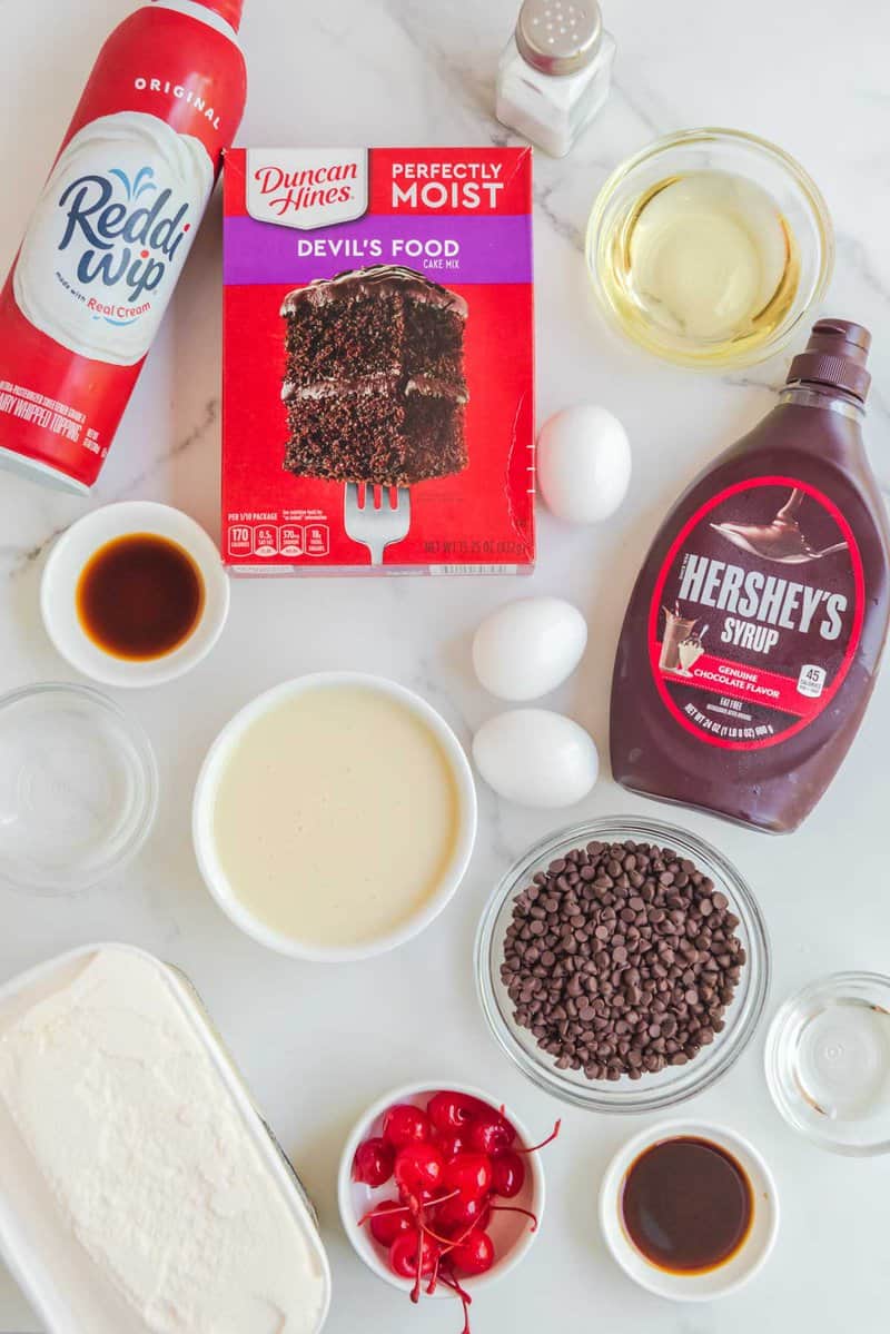 Copycat Shoney's hot fudge cake ingredients on a marble surface.