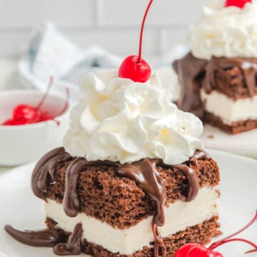 Copycat Shoney's hot fudge cake on a plate.