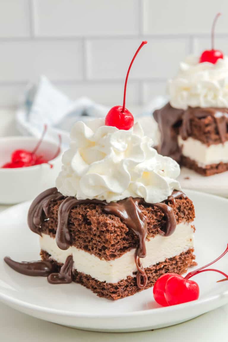 Copycat Shoney's hot fudge cake on a plate.