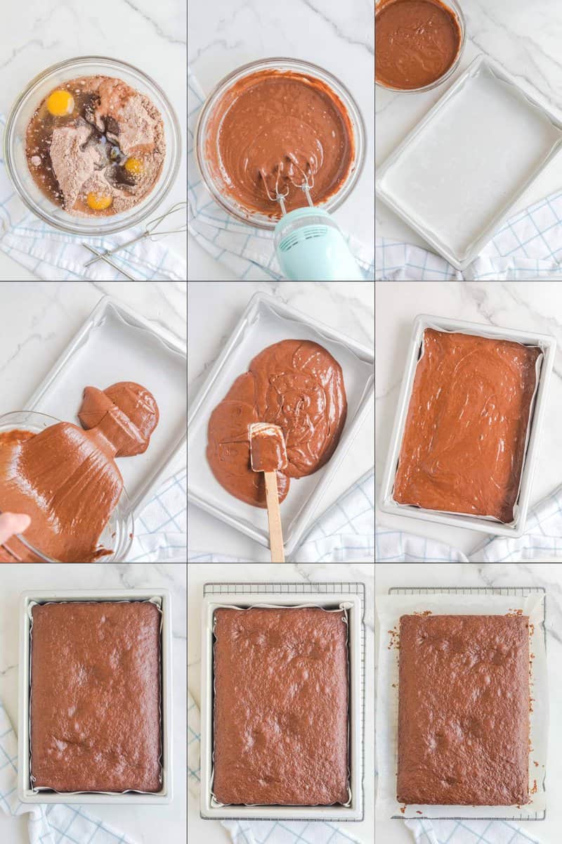 Collage of making chocolate cake for homemade Shoney's hot fudge cake.