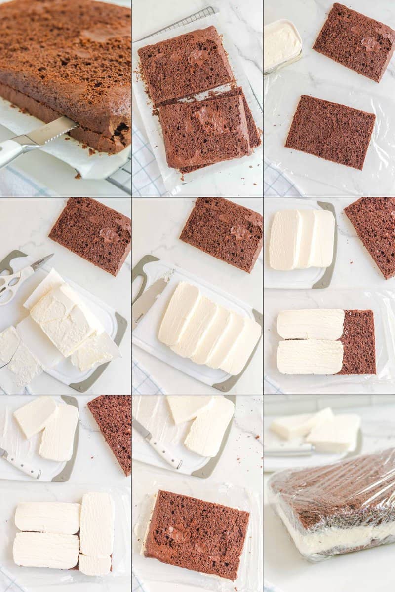 Collage of assembling homemade Shoney's blistery  fudge cake.