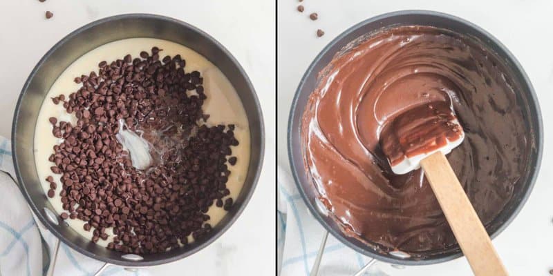 Collage of making hot fudge sauce for homemade Shoney's hot fudge cake.