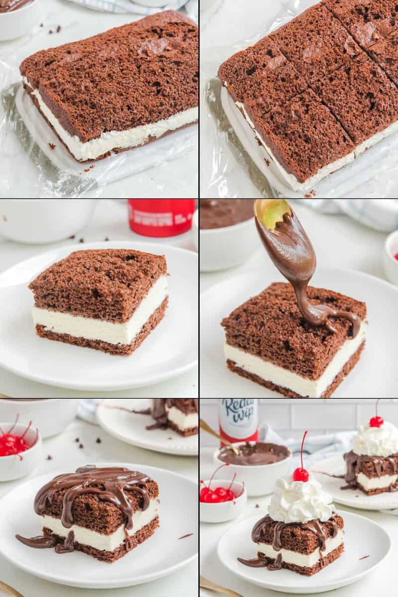 Collage of steps for serving homemade Shoney's hot fudge cake.