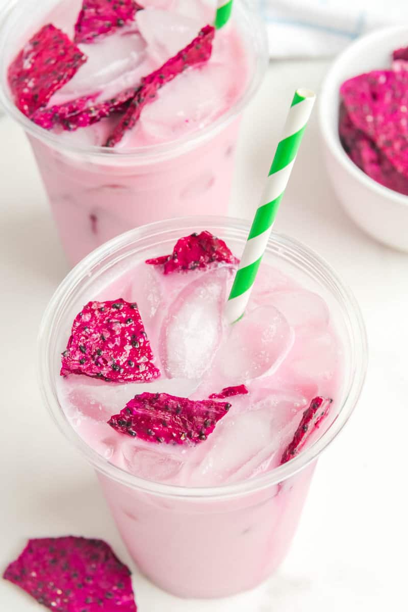 Copycat Starbucks dragon drink refreshers with dried dragon fruit pieces.