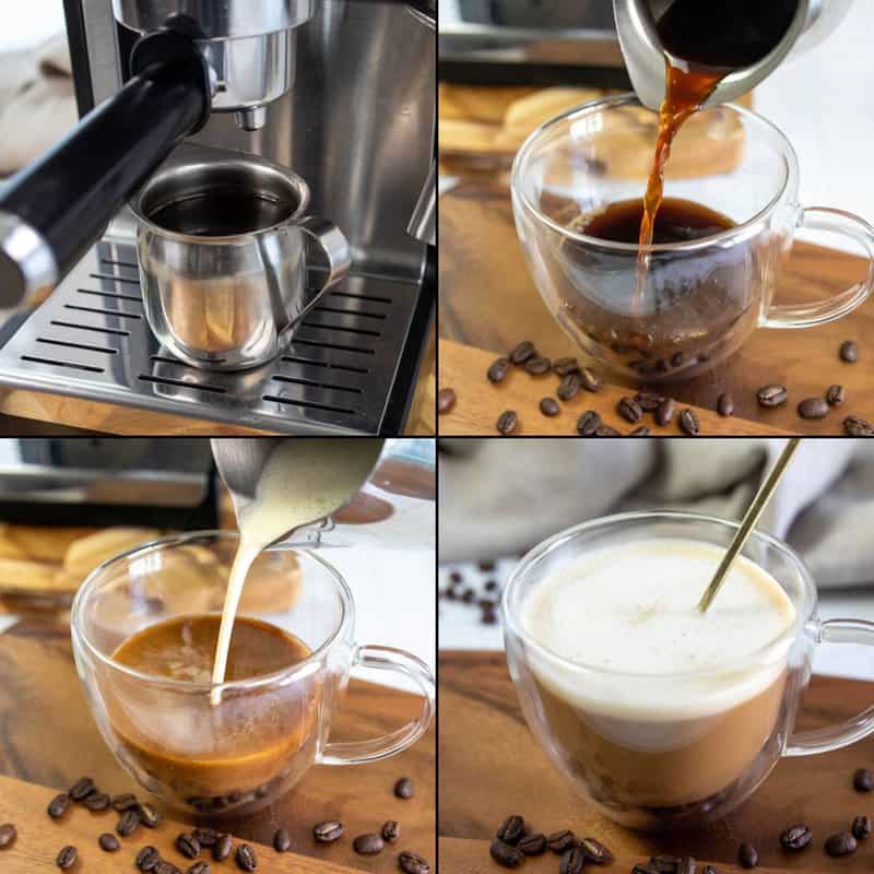 Collage of making espresso and adding olive oil sweet cream to it.