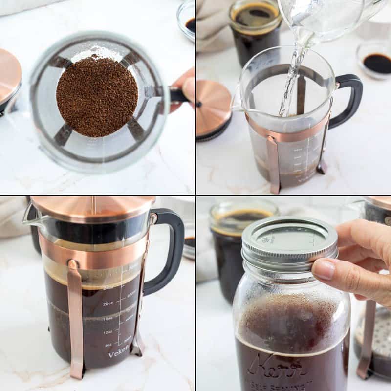 Collage of making cold brew coffee in a French press.