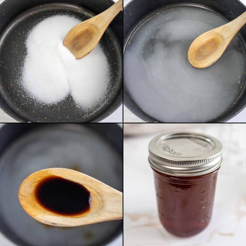 Collage of making vanilla simple syrup.