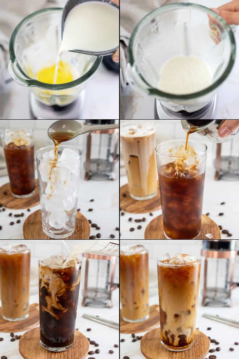 Collage of making golden foam and pouring it and vanilla syrup into ice coffee.