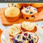 Homemade basic sweet plain and blueberry muffins on a plate.