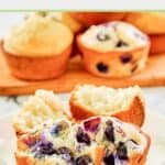 Homemade blueberry and plain sweet muffins on a plate.
