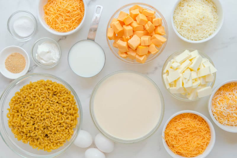 Copycat Sweetie Pie's mac and cheese ingredients on a marble surface.