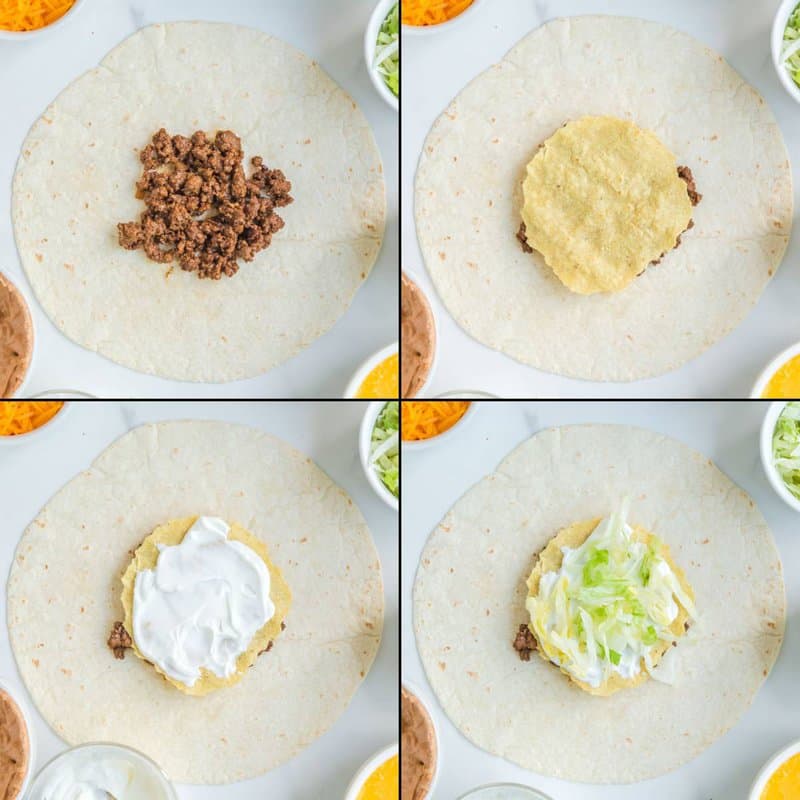 Collage of steps 1 to 4 of assembling a Taco Bell crunchwrap supreme.