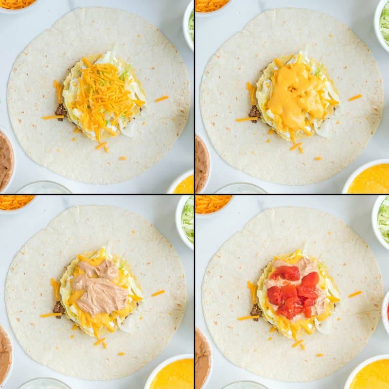 Collage steps 5 to 8 of assembling a Taco Bell crunchwrap supreme.