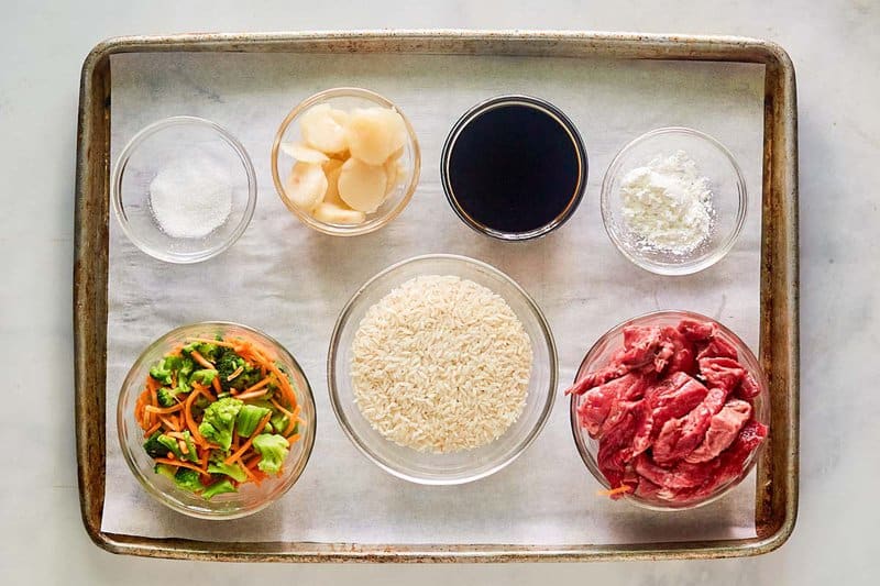 Teriyaki beef disturbance  fry ingredients connected  a tray.