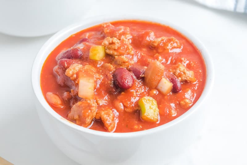 Copycat Wendy's chili in a white bowl.