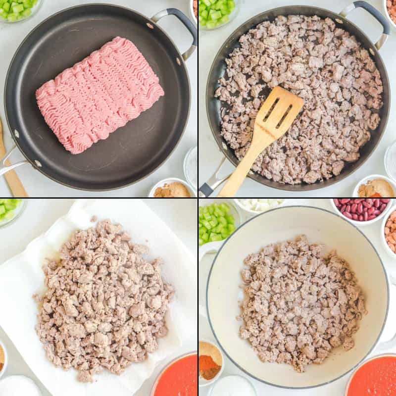 Collage of cooking ground beef for copycat Wendy's chili.