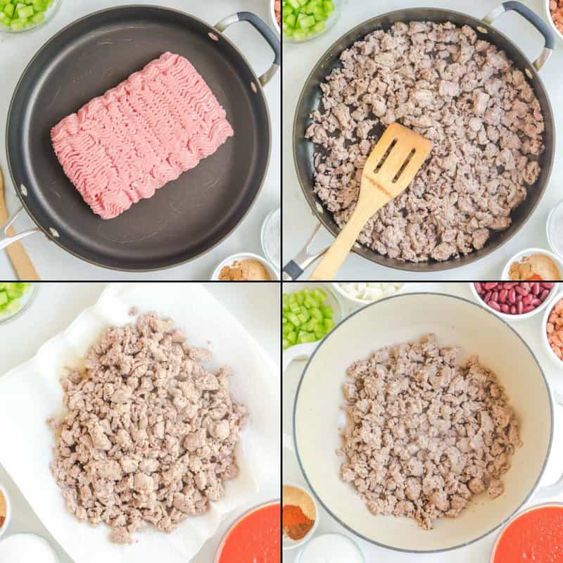 Collage of cooking crushed  beef for copycat Wendy's chili.