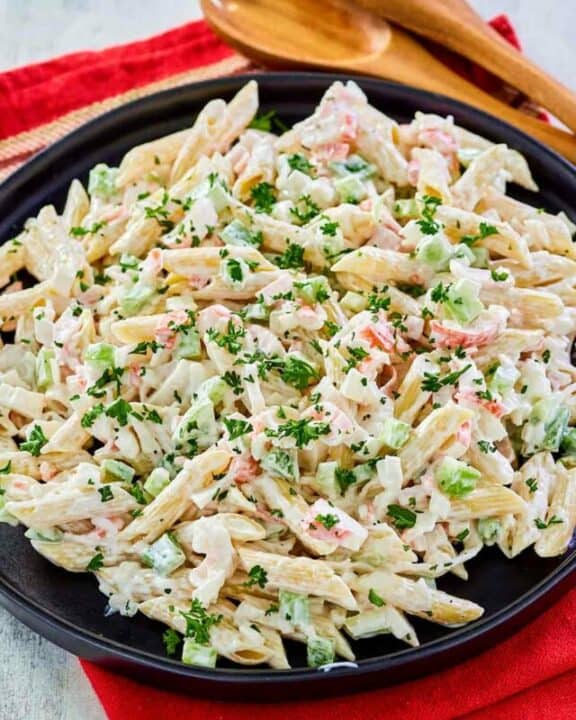 A bowl of homemade seafood pasta salad.