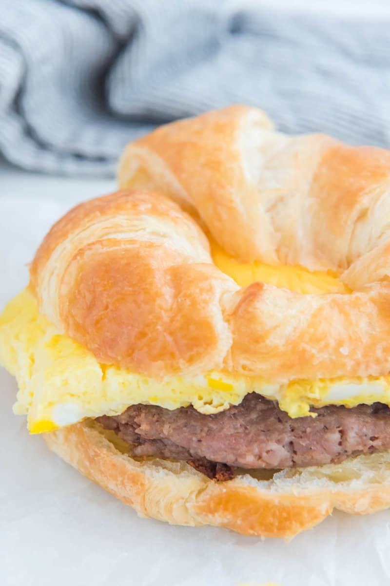 Closeup of a copycat Burger King sausage egg and cheese croissan'wich.