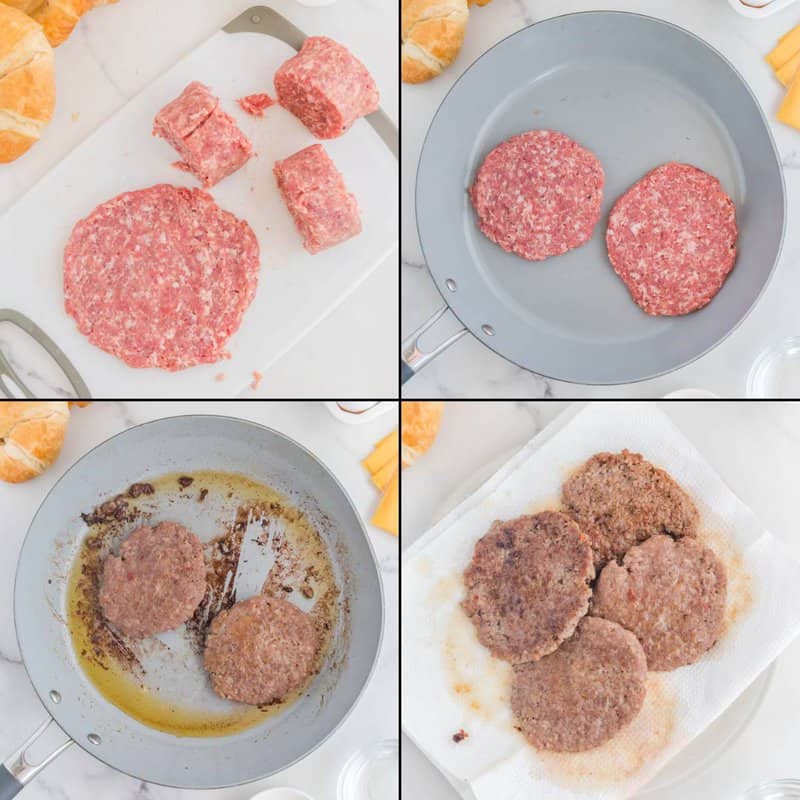 Collage of cooking breakfast sausage for a copycat Burger King croissan'wich.