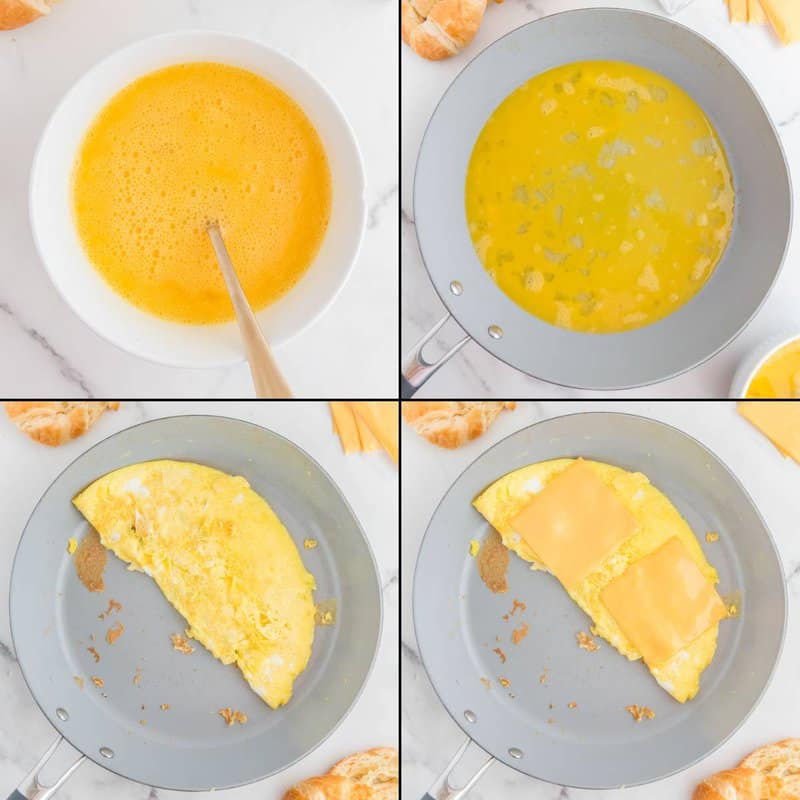 Collage of cooking eggs with cheese for a copycat Burger King crossian'wich.