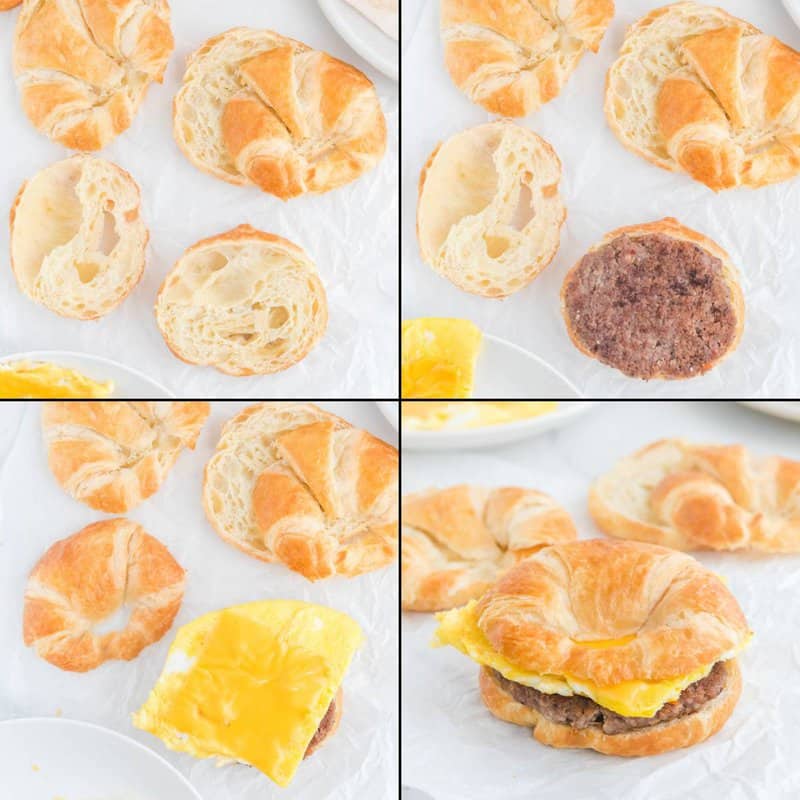 Collage of assembling a Burger King sausage egg and cheese croissan'wich.