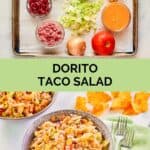 Dorito taco salad ingredients and the finished salad in a grey bowl.