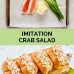 Imitation crab salad ingredients and the salad in hoagie rolls.