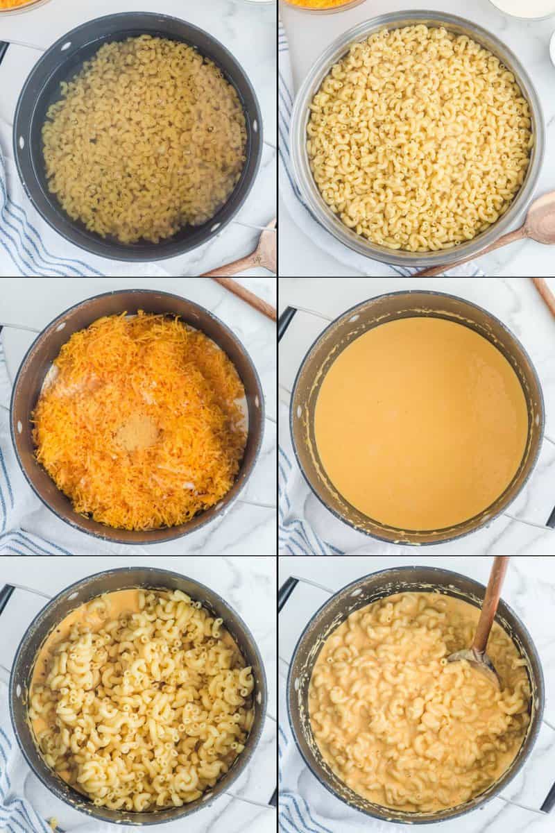 Collage of making copycat KFC mac and cheese.