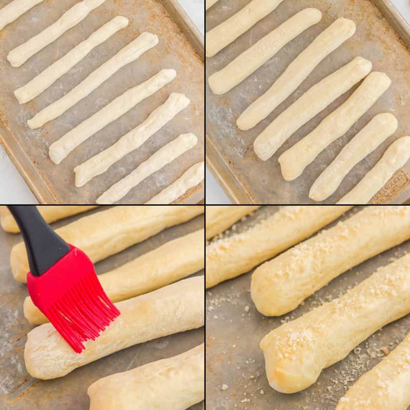 Collage of baking Little Caesars crazy bread and finishing it with garlic butter and parmesan cheese.