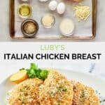 Copycat Luby's Italian chicken breast ingredients and the finished dish.
