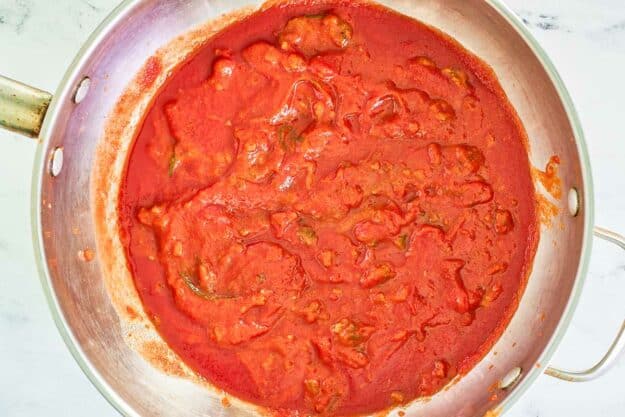 Spaghetti meat sauce in a pan.