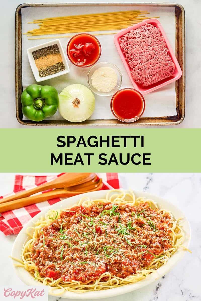 Zutaten für die Spaghetti-Fleischsauce und das fertige Gericht.