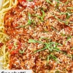 Closeup overhead view of homemade spaghetti meat sauce.
