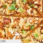 Closeup of homemade CPK Thai chicken pizza slices.