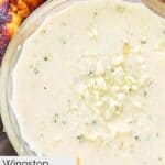 Closeup overhead of homemade Wingstop blue cheese dip in a bowl.
