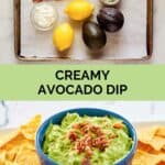 Avocado dip ingredients and the finished dip in a bowl on a platter with tortilla chips.