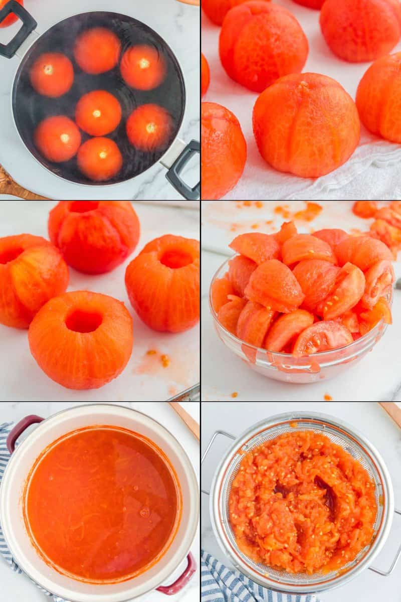 Collage of preparing tomatoes for homemade spaghetti sauce.