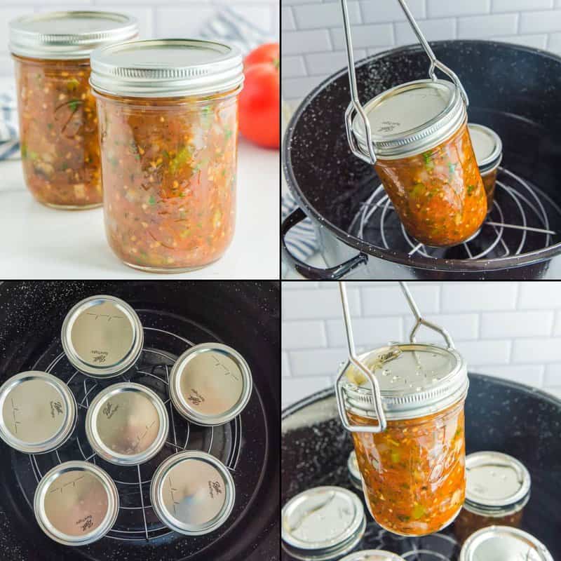 Collage of canning homemade spaghetti sauce.